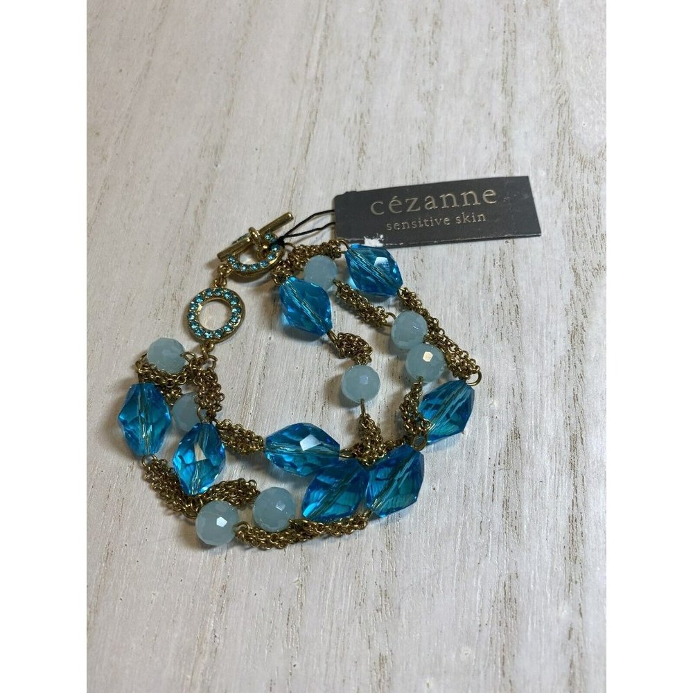 Cezanne Chain bracelet for sensitive skin Blue Beads Rhinestones Gold Tone